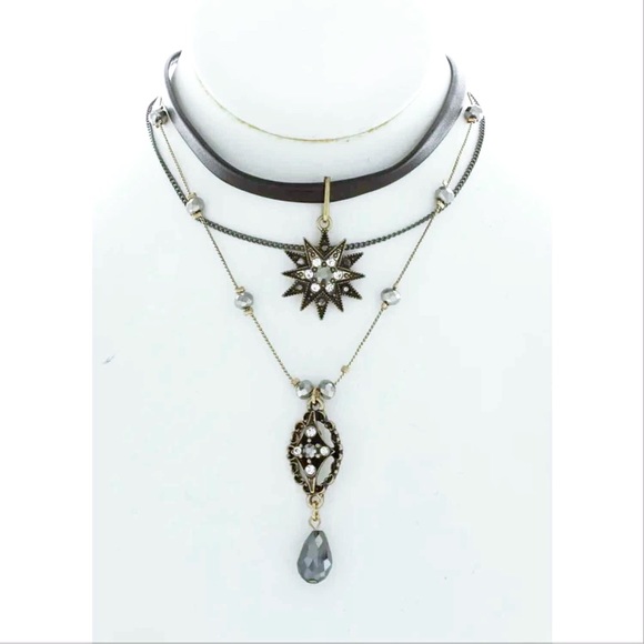 Layered Gothic Victorian Star Rhinestone Choker Vegan Leather - Picture 2 of 6